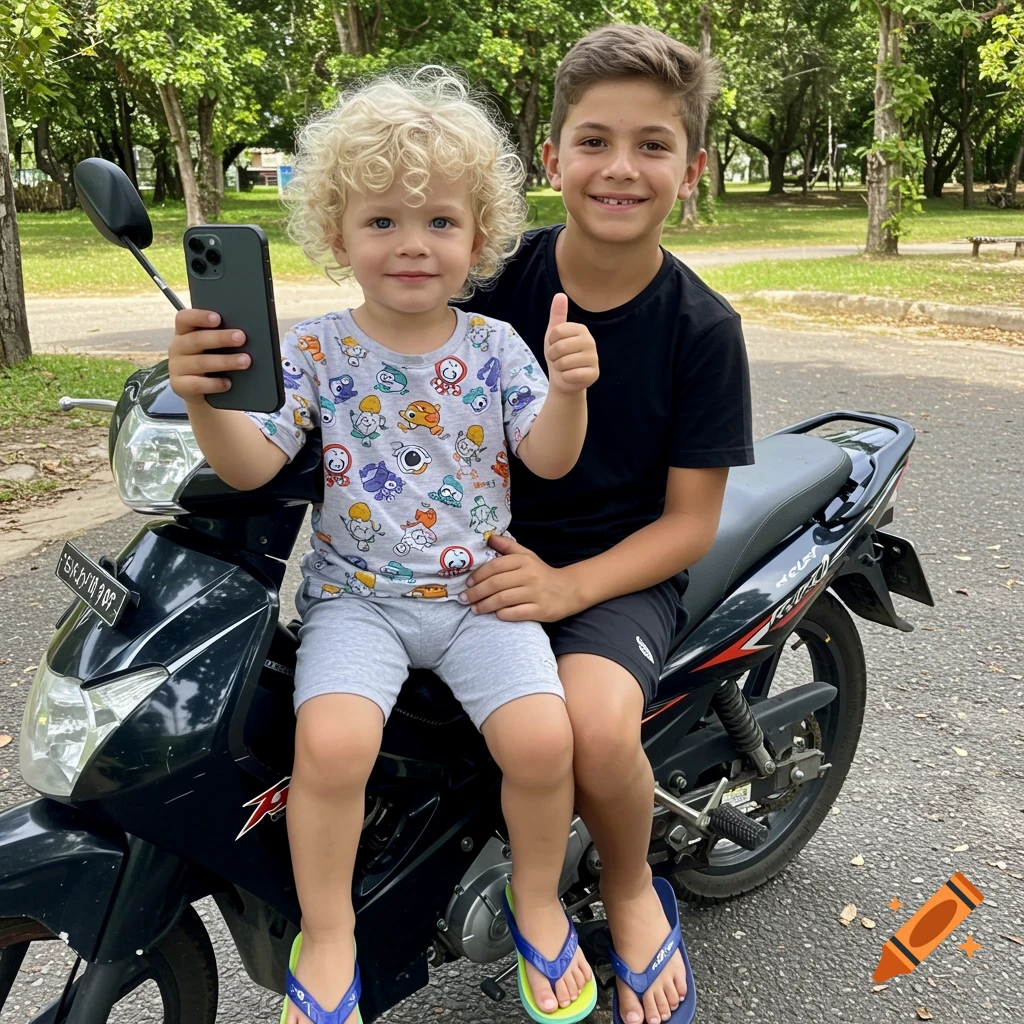 Two boys sit on a motorcycle, one holding a phone and the other giving a thumbs up.