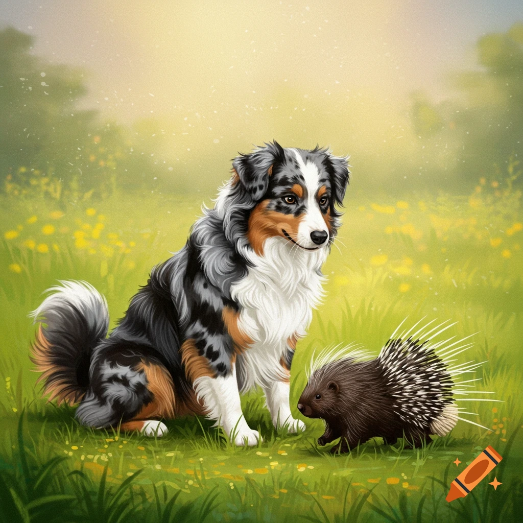 An Australian Shepherd dog sitting next to a porcupine in a grassy field.