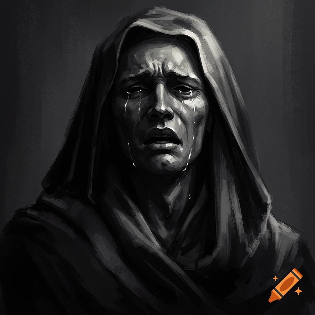 A black and white image shows a figure draped in a hood, weeping.
