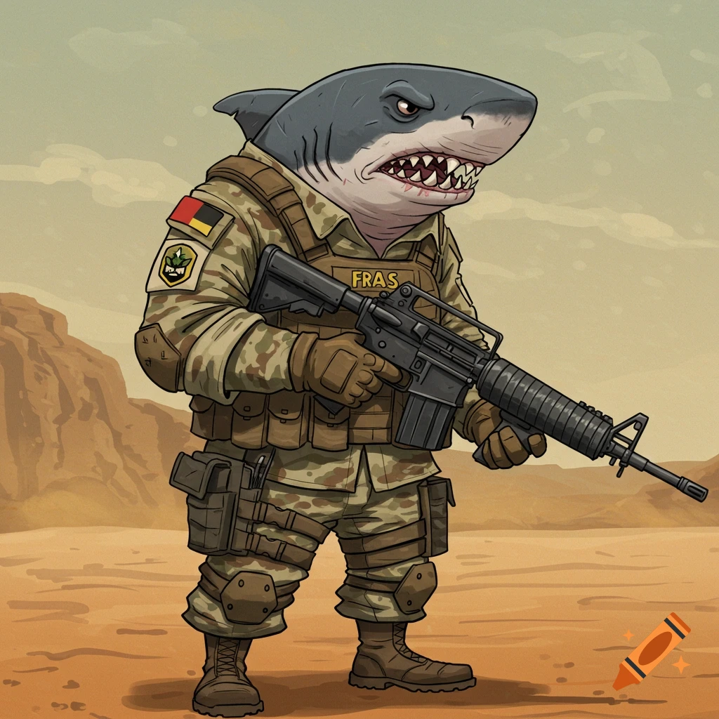 Cartoon shark in desert military uniform holding a rifle.