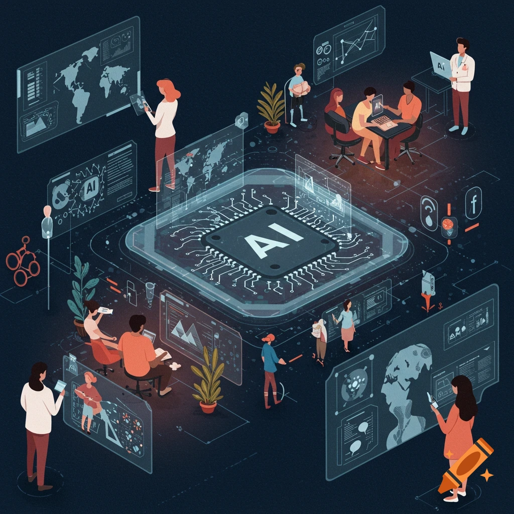 Isometric digital illustration of people interacting with data and a large AI chip, representing artificial intelligence.