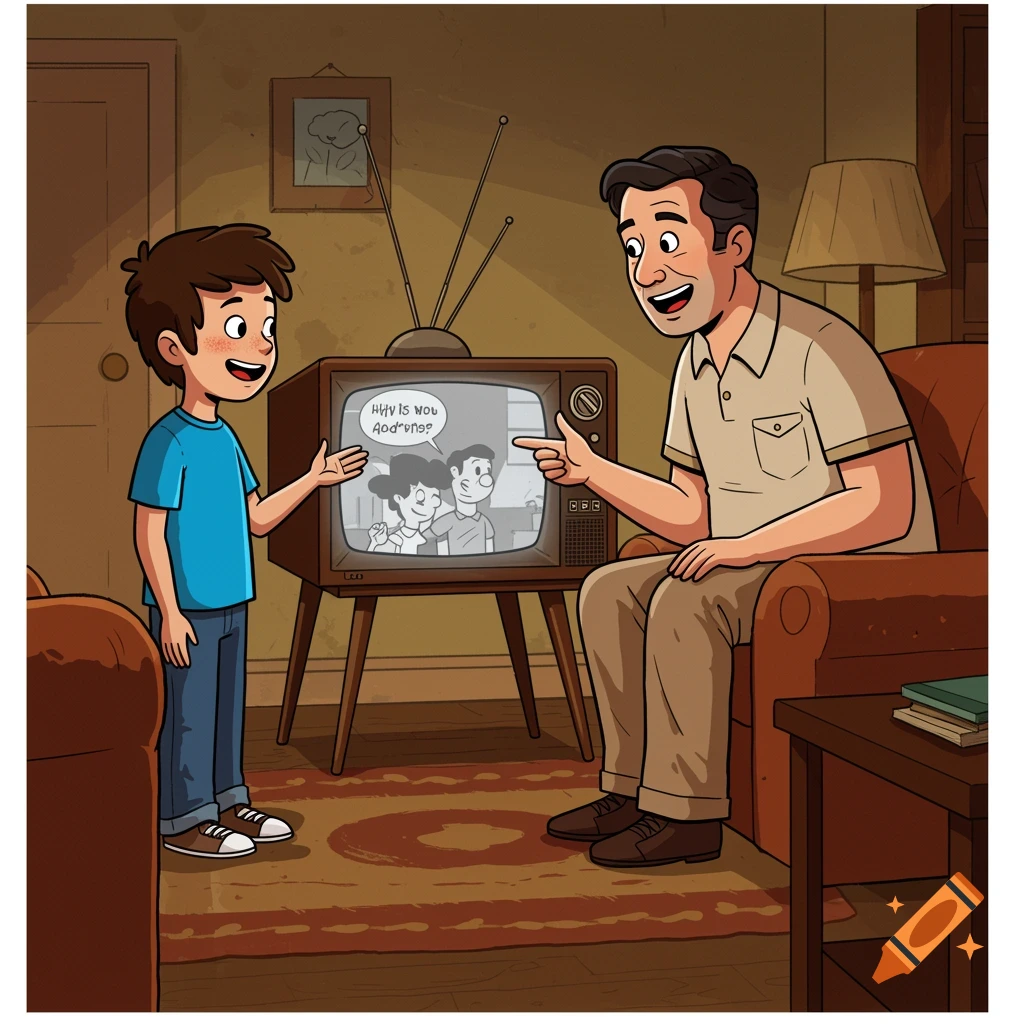 Clipart illustration of a boy and man watching a retro television with a cartoon on screen.