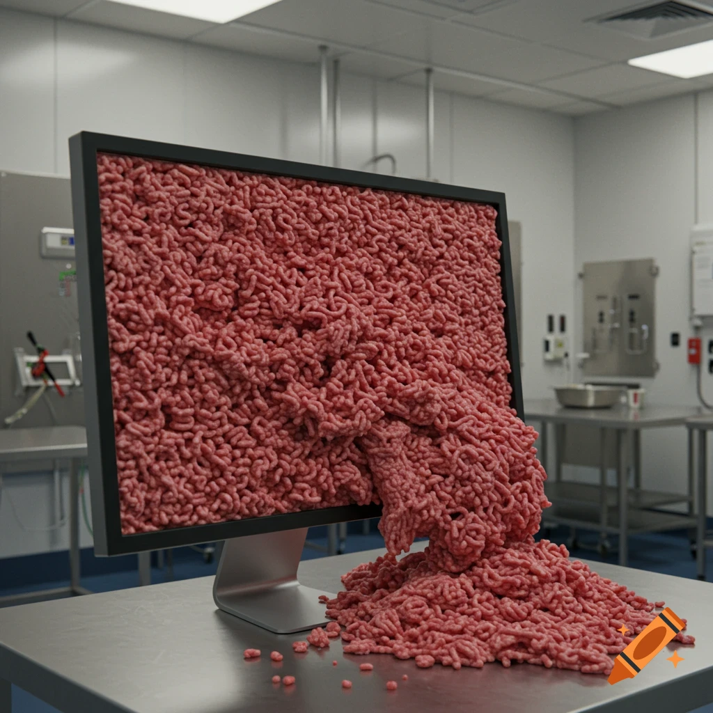 Hyper realistic image of ground beef spilling out of a computer monitor onto a table in a laboratory.