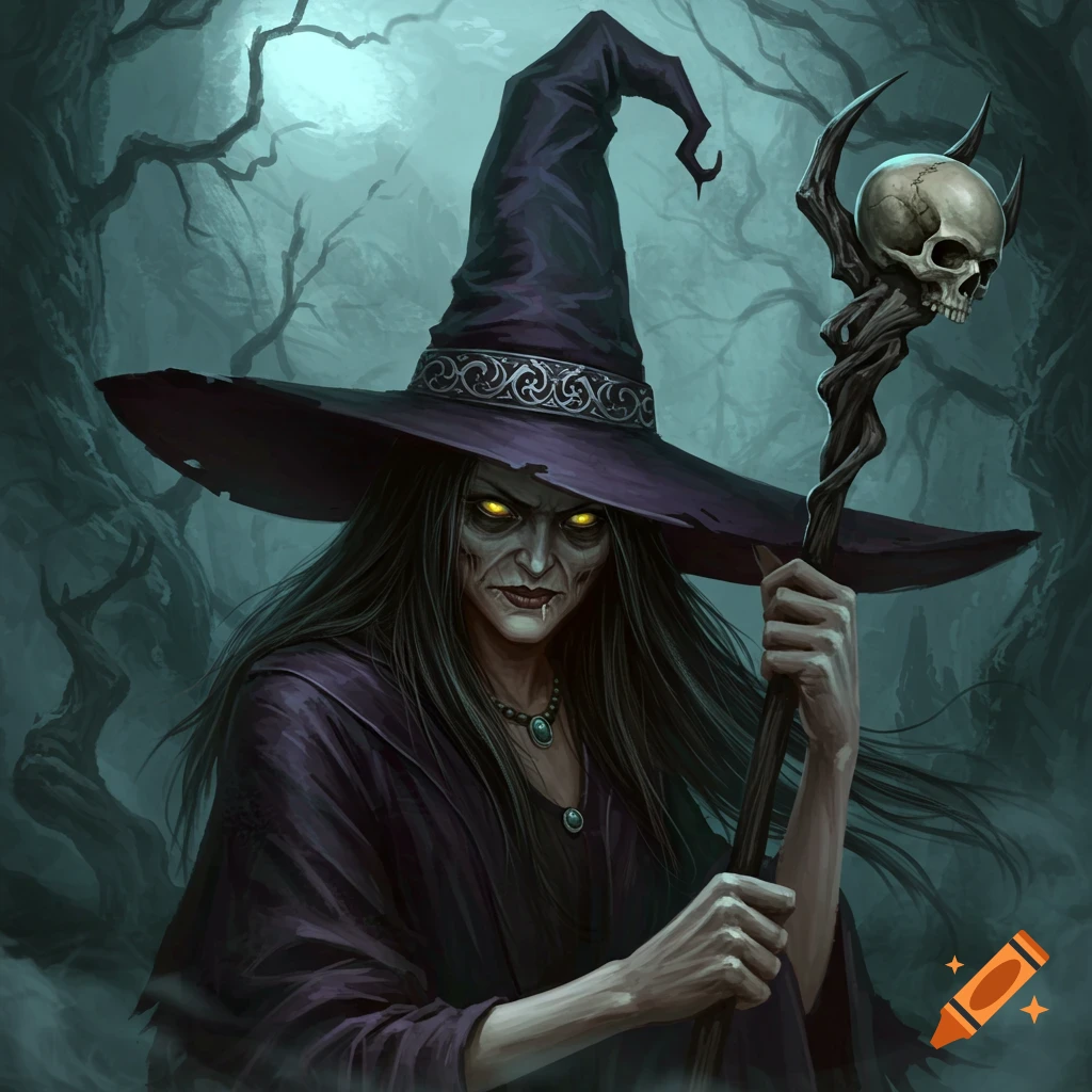 A spooky witch with glowing eyes holding a staff with a skull head in a dark forest.