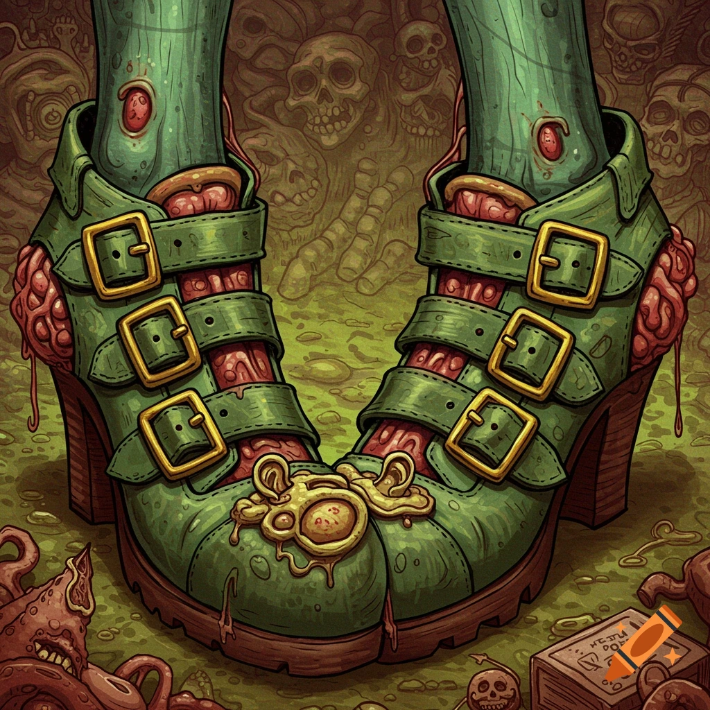 Close-up image of grotesque green shoes made of flesh and brains with buckles, set against a background of skulls.