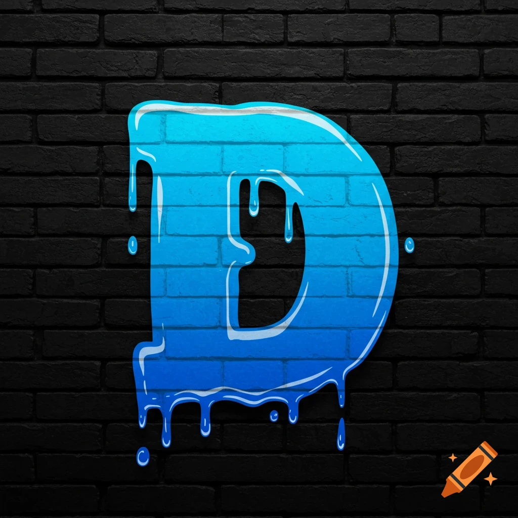 A drippy graffiti style blue letter D on a black brick wall.