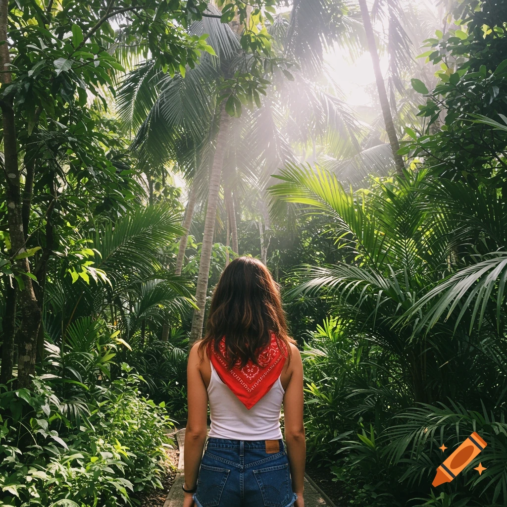 Woman in red bandana walks on path through sunlit jungle