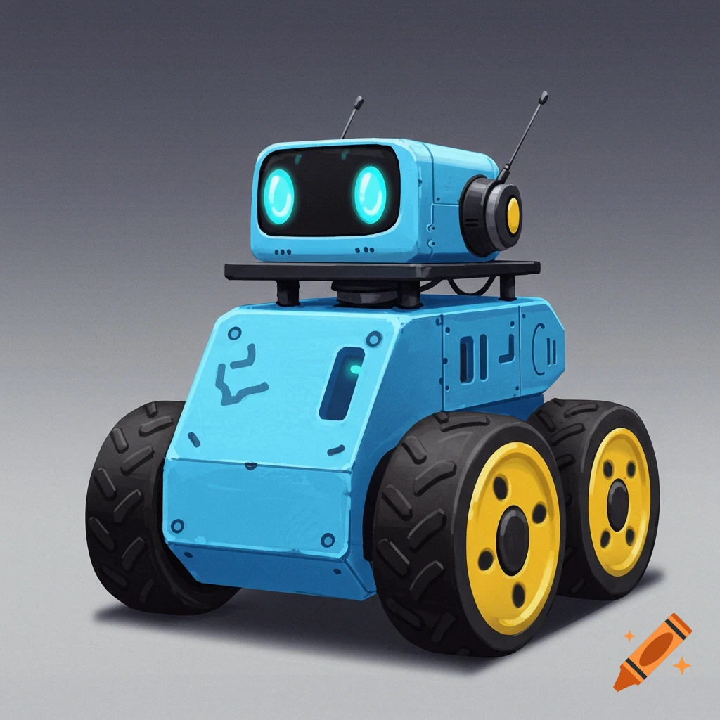 A blue robot with a screen face and large yellow and black wheels, illustrated digitally.