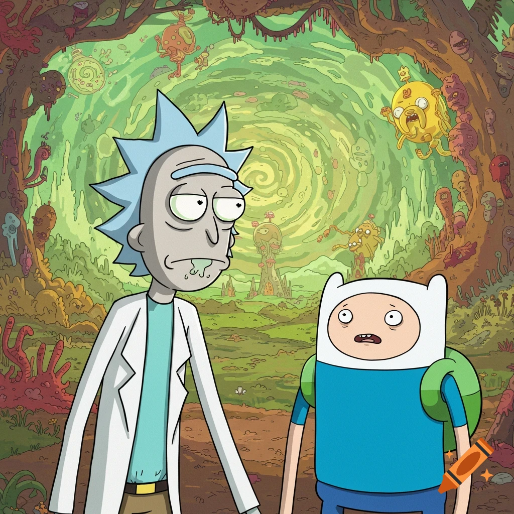 Cartoon crossover of Rick and Morty's Rick and Adventure Time's Finn looking confused in a surreal alien world.