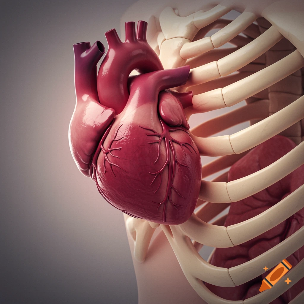 Stylized anatomical illustration of a heart and ribcage.