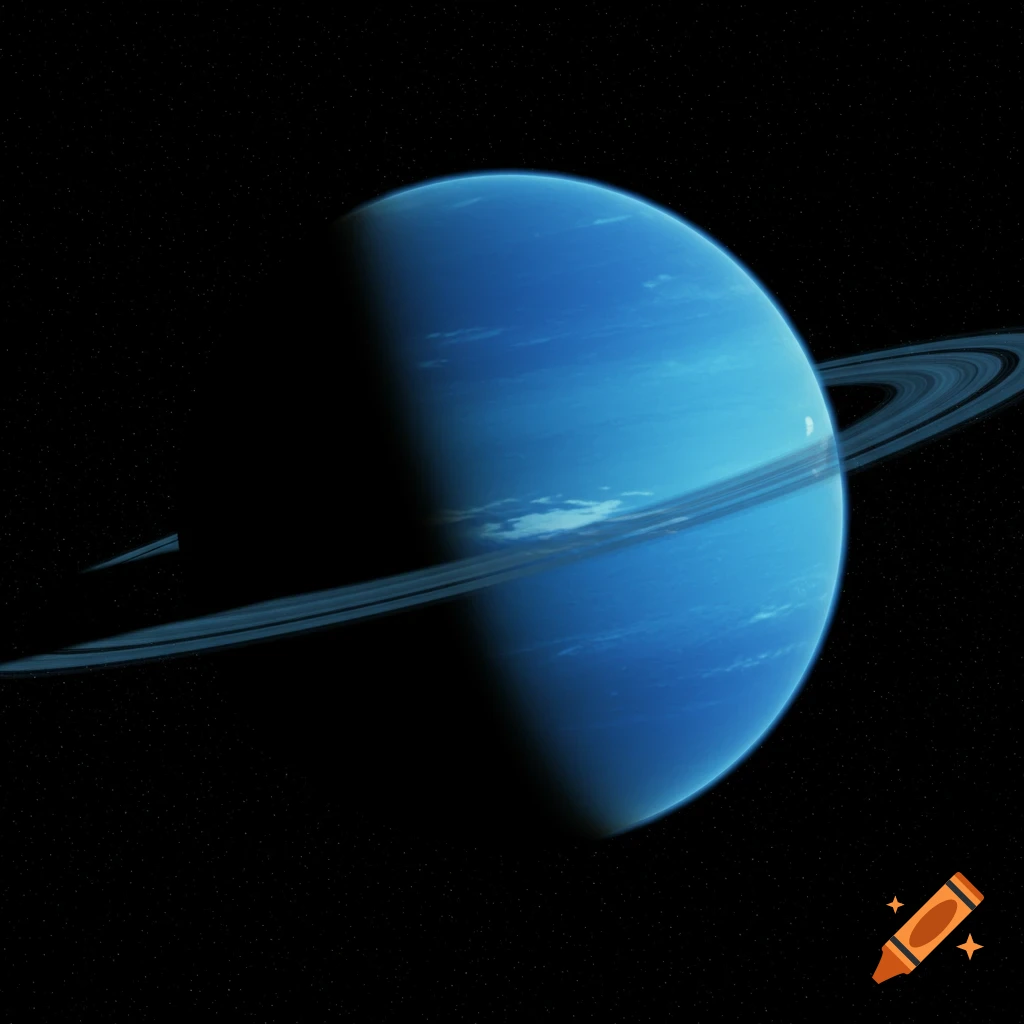 A large blue planet with rings, partly shadowed, against a field of stars.