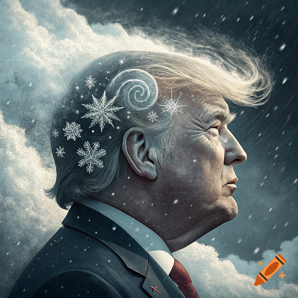 Profile portrait of Donald Trump with snowflakes and clouds in his head against a snowy sky