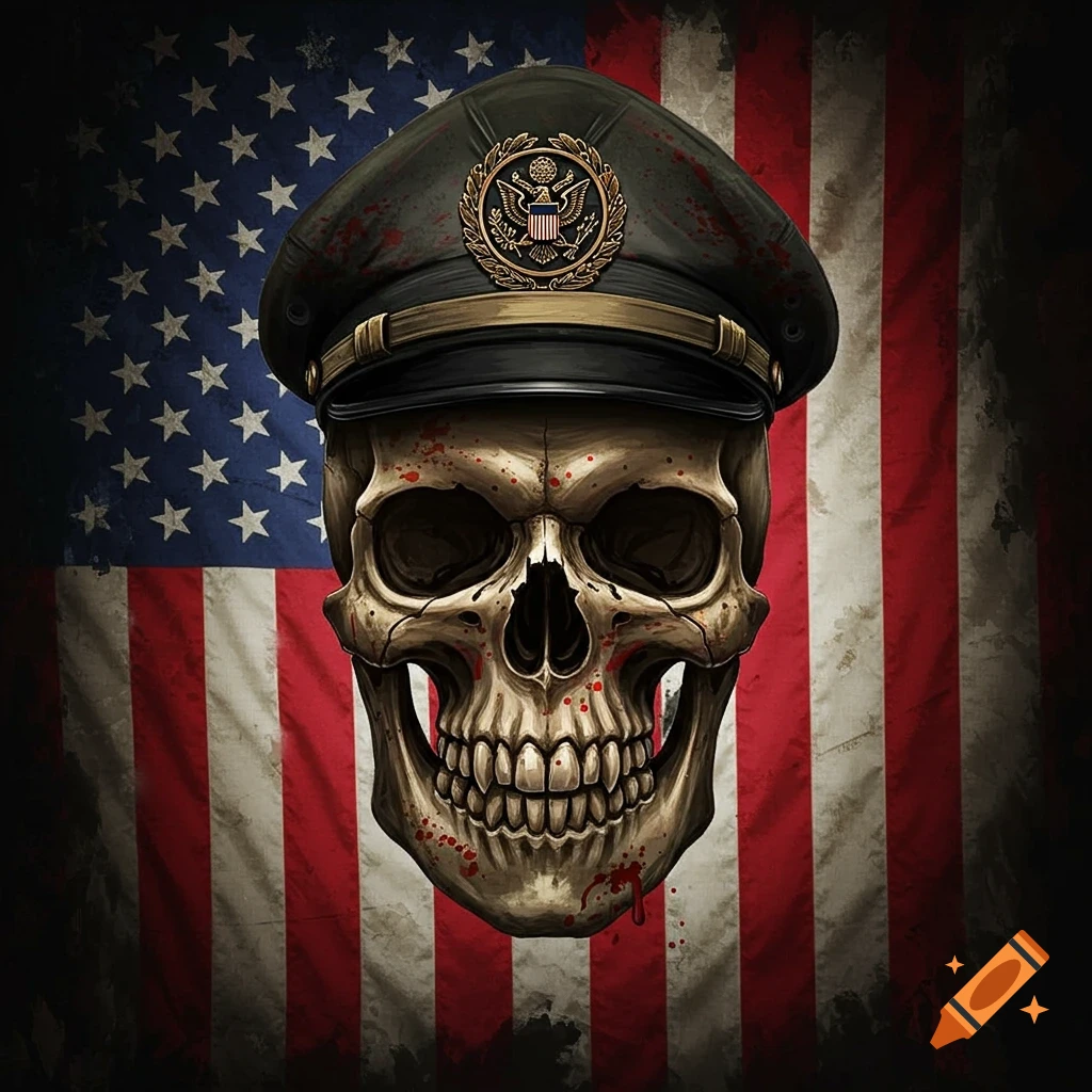 A skull wearing a military-style hat in front of an American flag