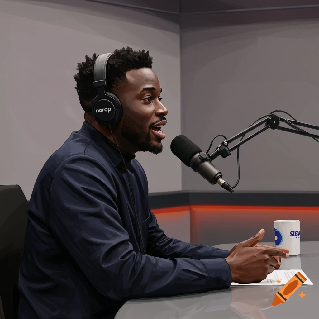 A man wearing headphones and speaking into a microphone in a studio