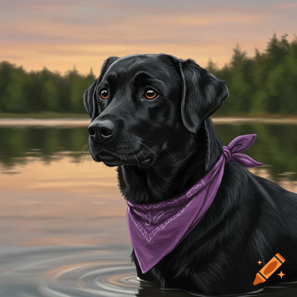 Black Labrador wearing a purple bandana in a lake