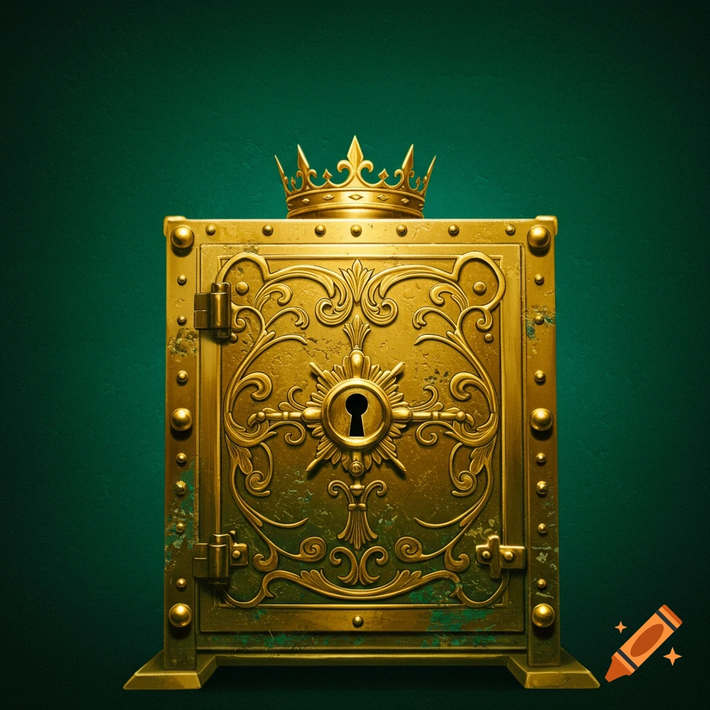 A golden vault with intricate carvings and a crown on top, set against a matte emerald green background.