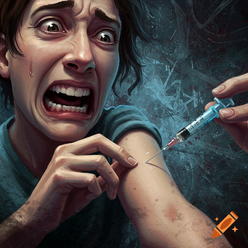 A person with a terrified expression as a syringe approaches their arm.