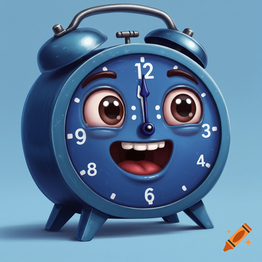 Cartoon blue alarm clock with a smiling face on a blue background.