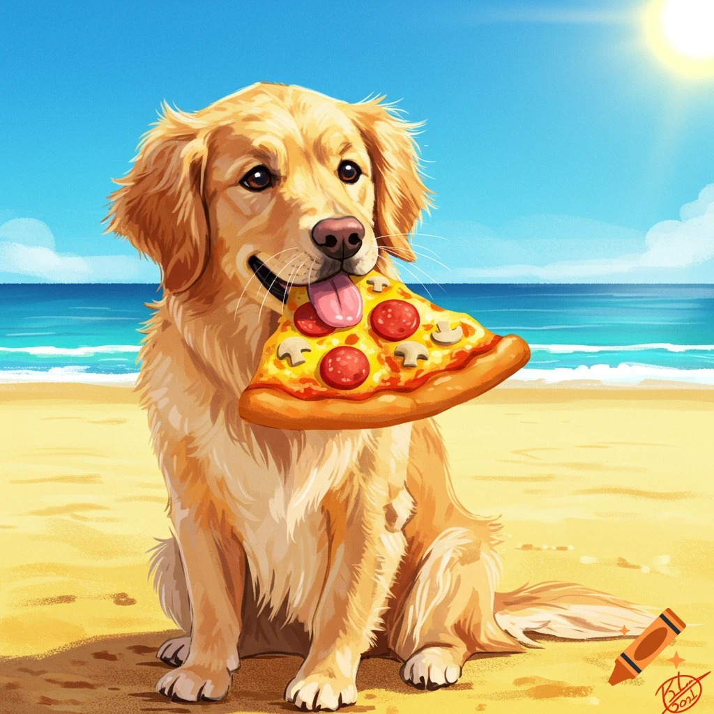 A golden retriever with a pizza slice in its mouth, sitting on a beach.