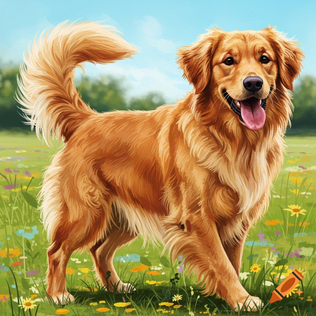 A golden retriever dog with its tongue out stands in a field of colorful flowers.