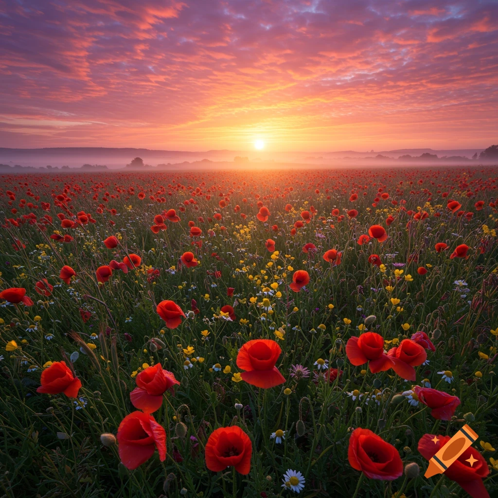 A field of red poppies and wildflowers under a colorful sunrise.