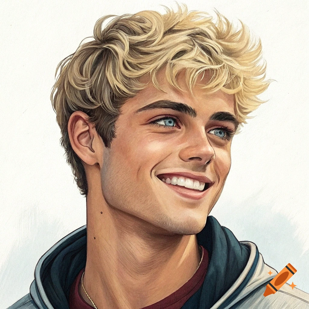 Realistic illustration of a smiling young man with blonde curly hair and blue eyes, looking upwards.