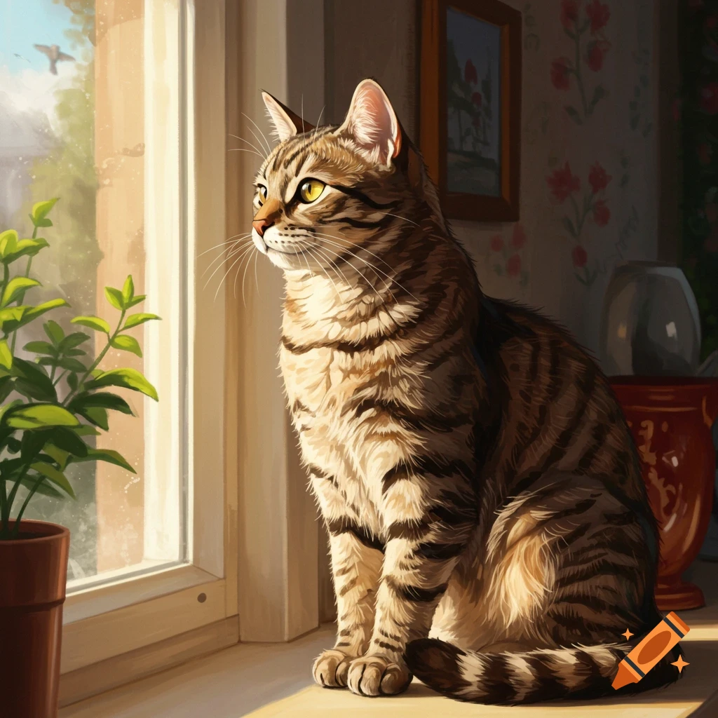 A tabby cat sits on a windowsill bathed in sunlight.