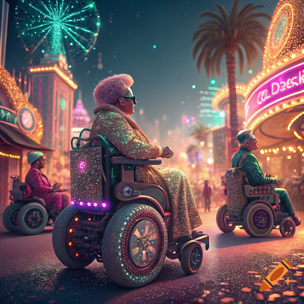 People in sparkling, ornate wheelchairs on a glittering city street at night with bright lights and a ferris wheel.