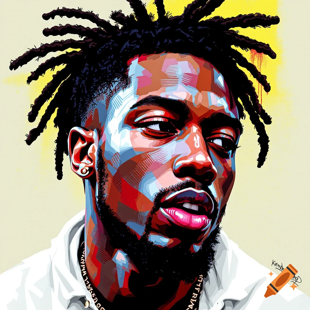 Stylized portrait of a man with dreadlocks, looking right, in vibrant geometric shapes and colors