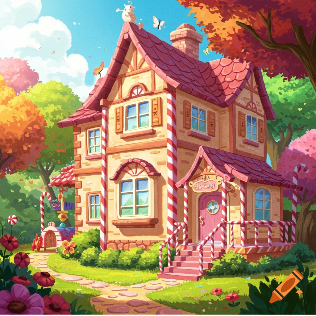 A vibrant candy-themed house with red and white striped columns, in a colorful, lush forest setting.