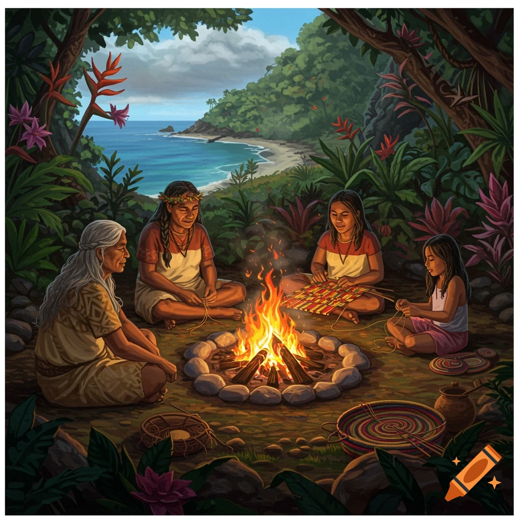 Intergenerational indigenous women weave by a fire on a tropical island beach.