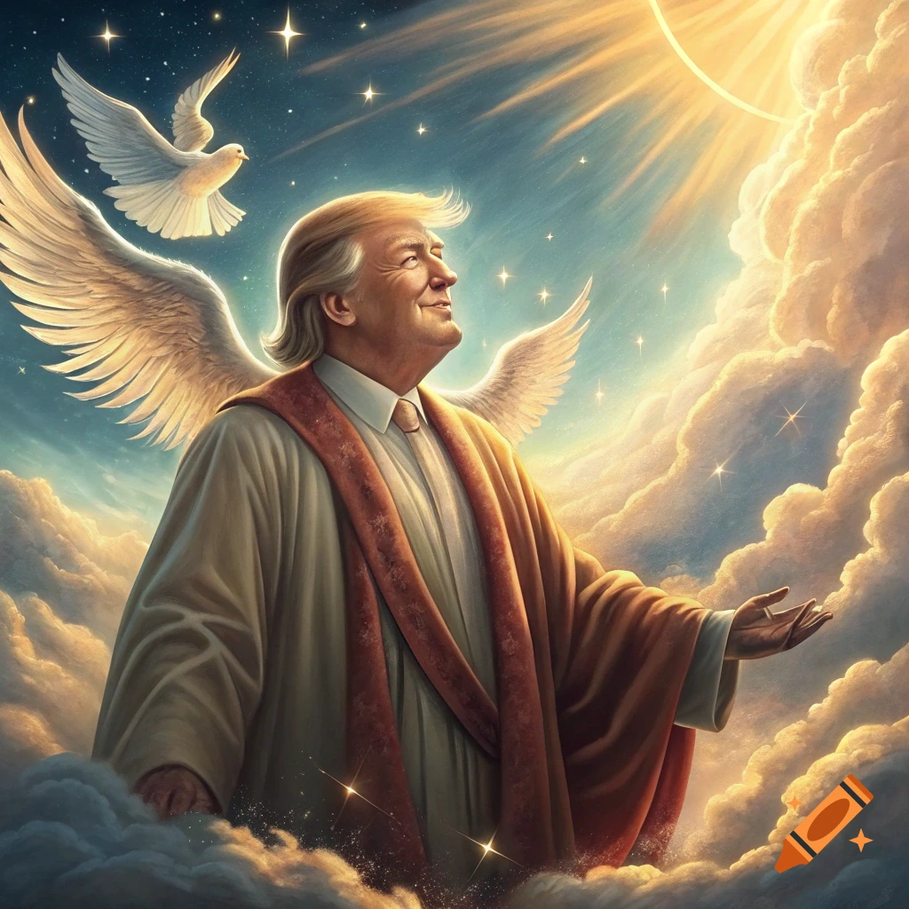 Donald Trump depicted as an angel with wings and a robe, floating in clouds with doves under a bright light in the sky.