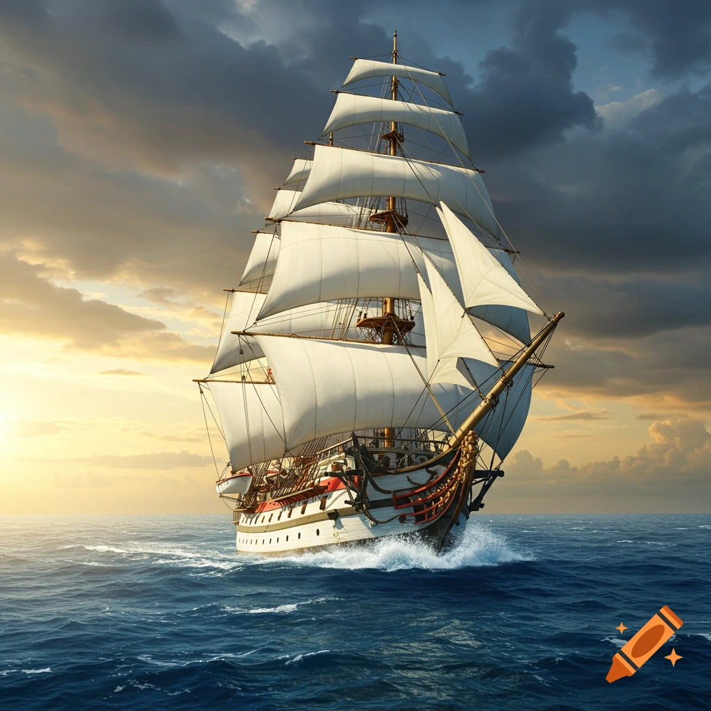 A large sailing ship with white sails on a choppy ocean under a dramatic, cloudy sky.
