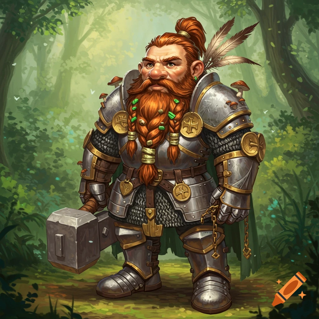 A dwarf paladin in armor holding a hammer in a forest.