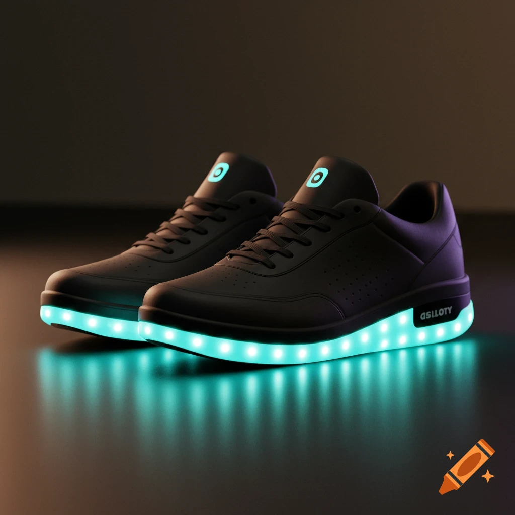 Two black smart shoes with blue LED lights around the soles
