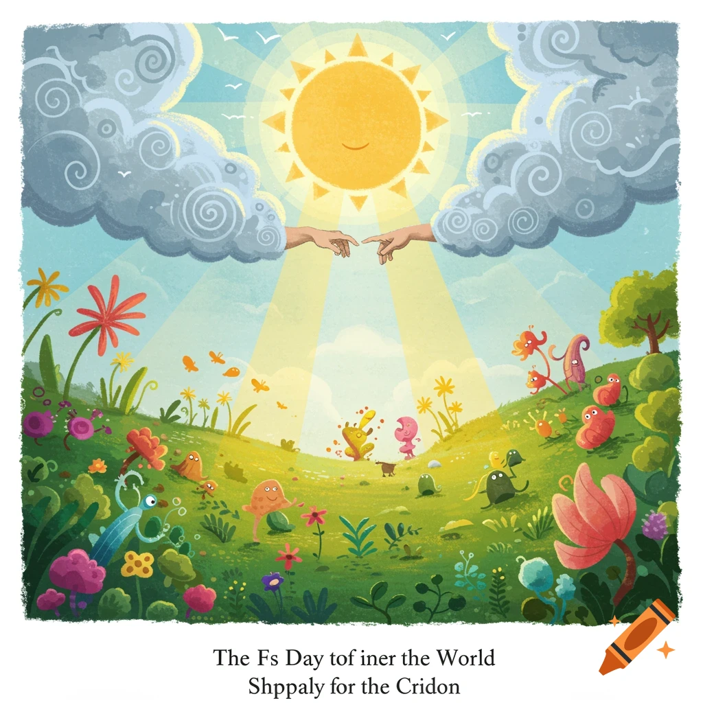 Children's book illustration of a landscape with a smiling sun, hands reaching from clouds, and colorful whimsical creatures.