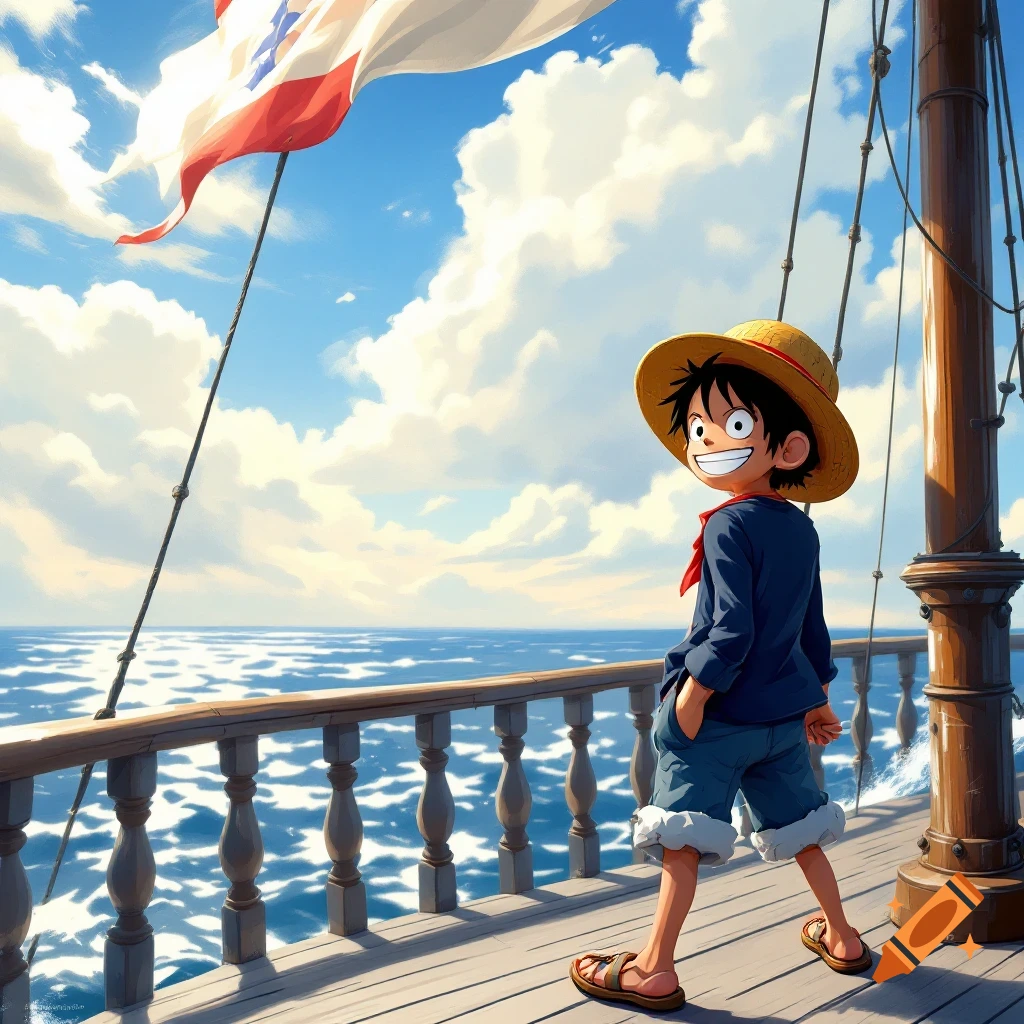 Anime character Monkey D. Luffy stands on a ship deck looking at the ocean and sky, Straw Hat flag flying.
