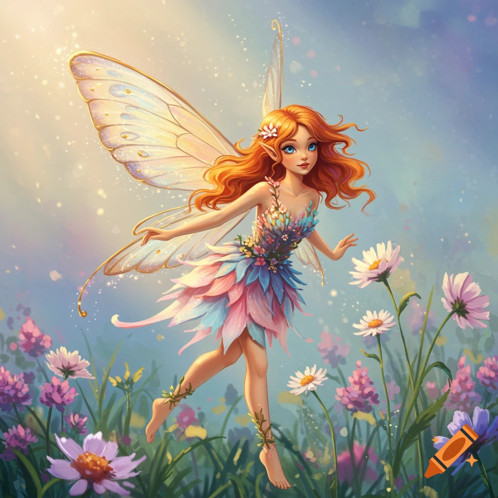 A fairy with orange hair and blue eyes, wearing a floral dress and flying over a field of wildflowers.