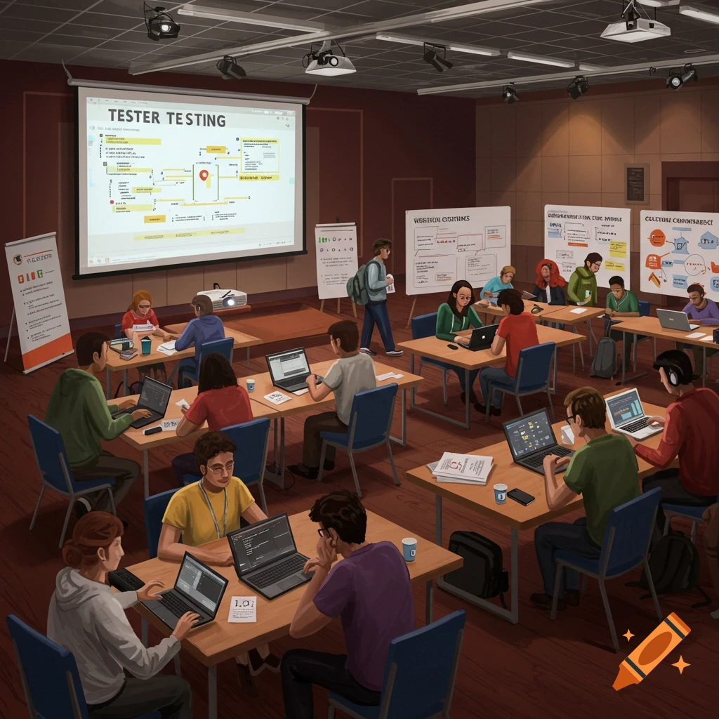People sitting at tables with laptops in a conference room with a projector screen and whiteboards.