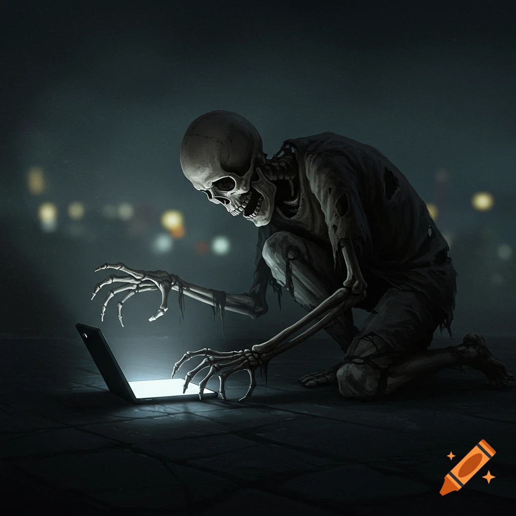 A skeleton kneels and reaches towards a glowing laptop screen in a dark, blurry urban setting.