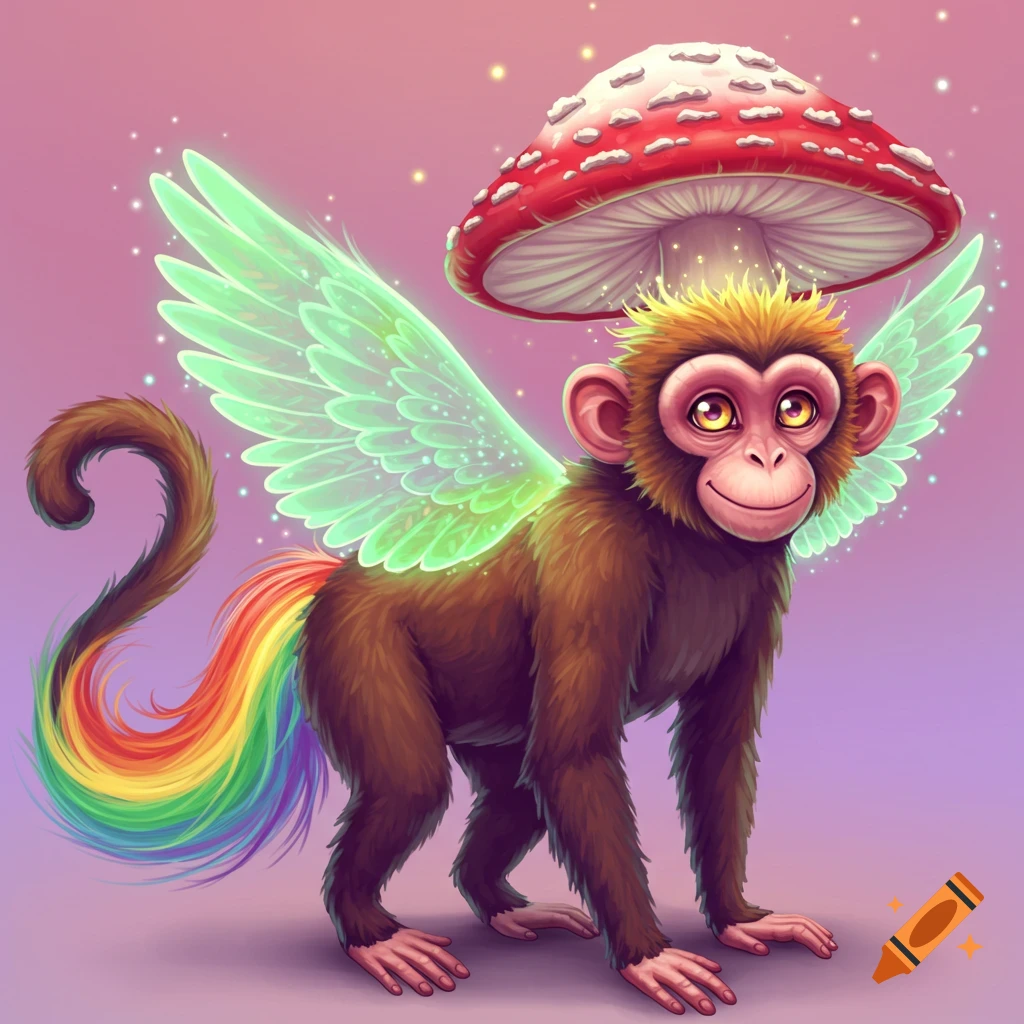 A monkey with green fairy wings, a mushroom hat, and a rainbow tail.
