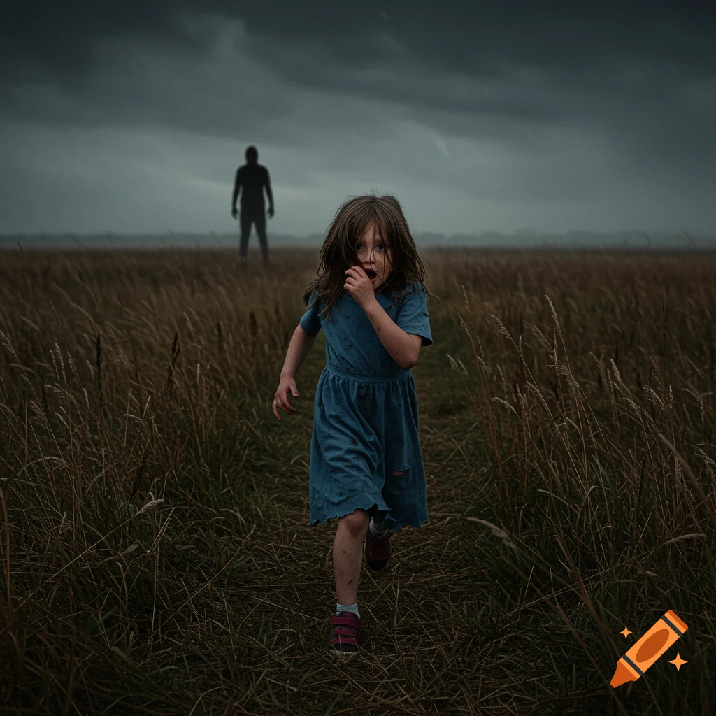 Young girl running through a field away from a figure under a dark, stormy sky.