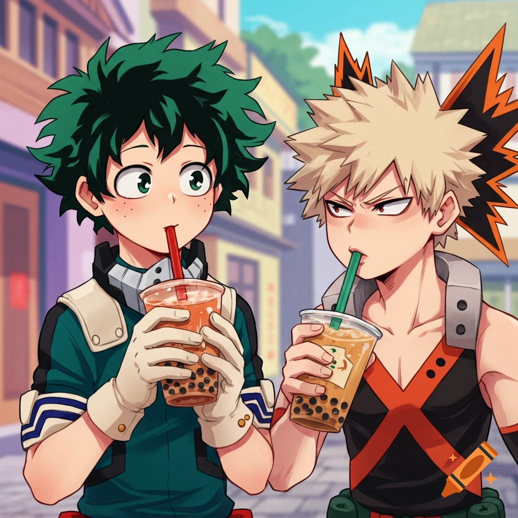Anime image of Izuku Midoriya and Katsuki Bakugo from MHA drinking boba tea on a street.