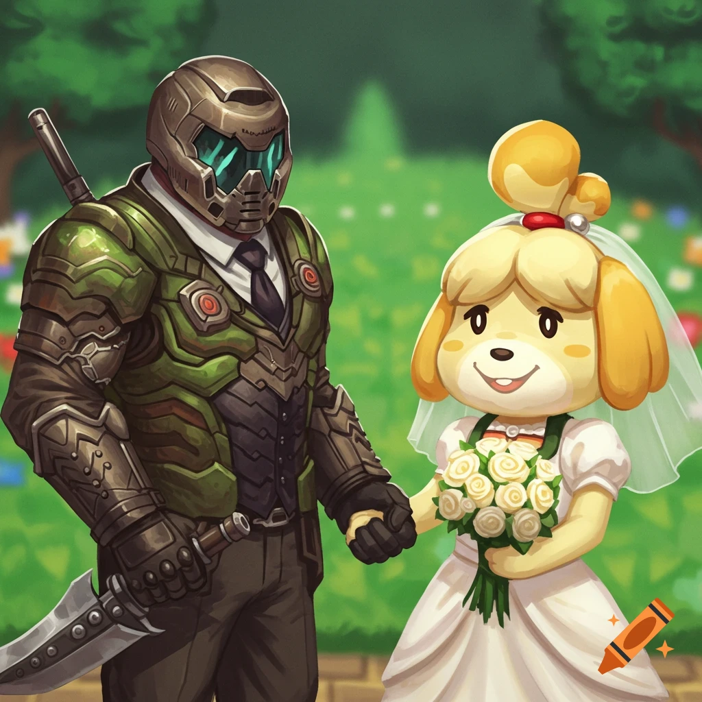 Doom Slayer in a tuxedo and Isabelle in a wedding dress hold hands in a  garden. on Craiyon