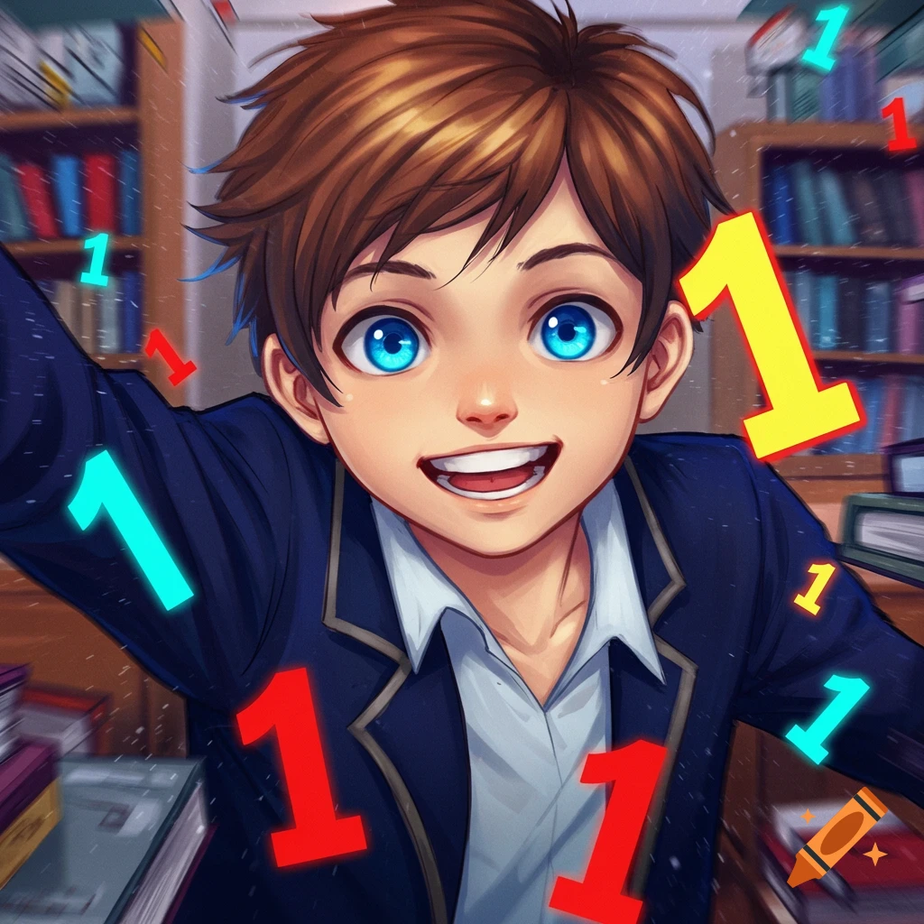 Anime boy smiles in a library surrounded by floating red, blue, and yellow number 1s.