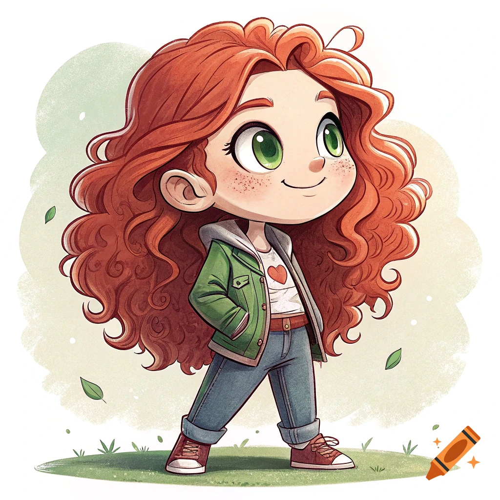 Cartoon illustration of a girl with red curly hair, green eyes, freckles, wearing a green jacket and jeans, standing on grass.