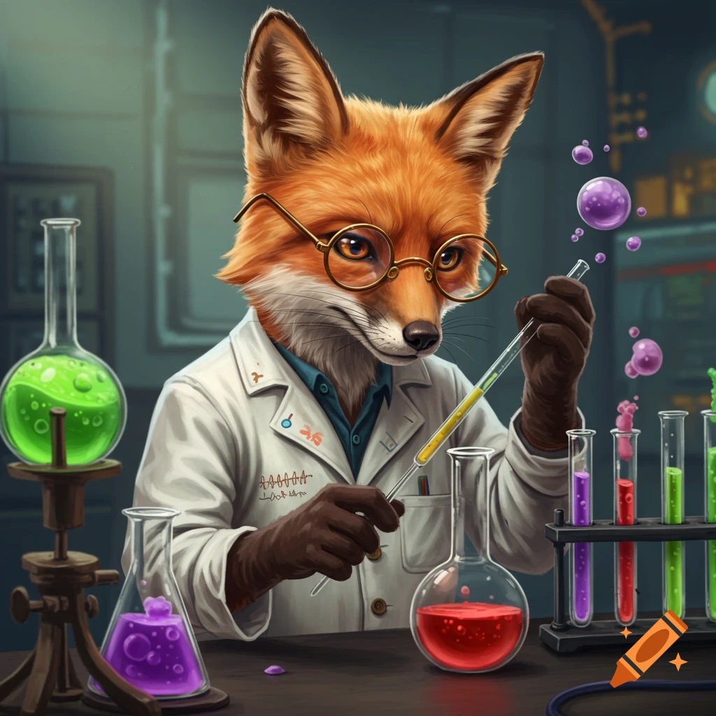 A fox scientist in a lab coat holding a test tube.