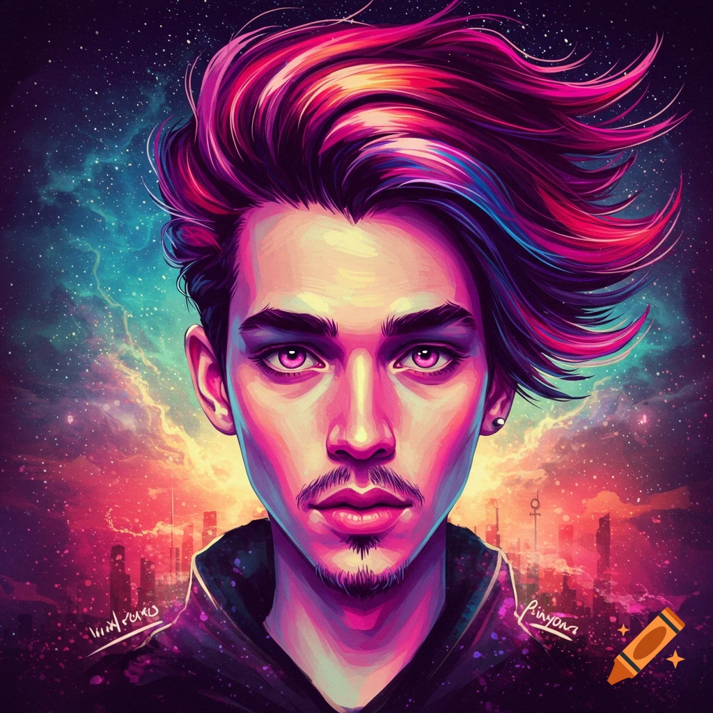 Portrait of person with vibrant hair against space and city background