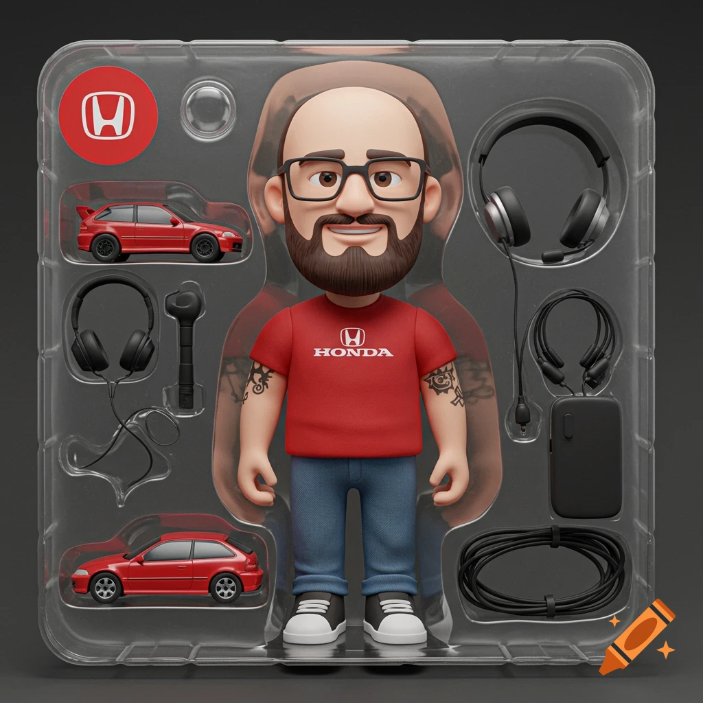3D rendered collectible figure pack with cartoon man, red car, and accessories.