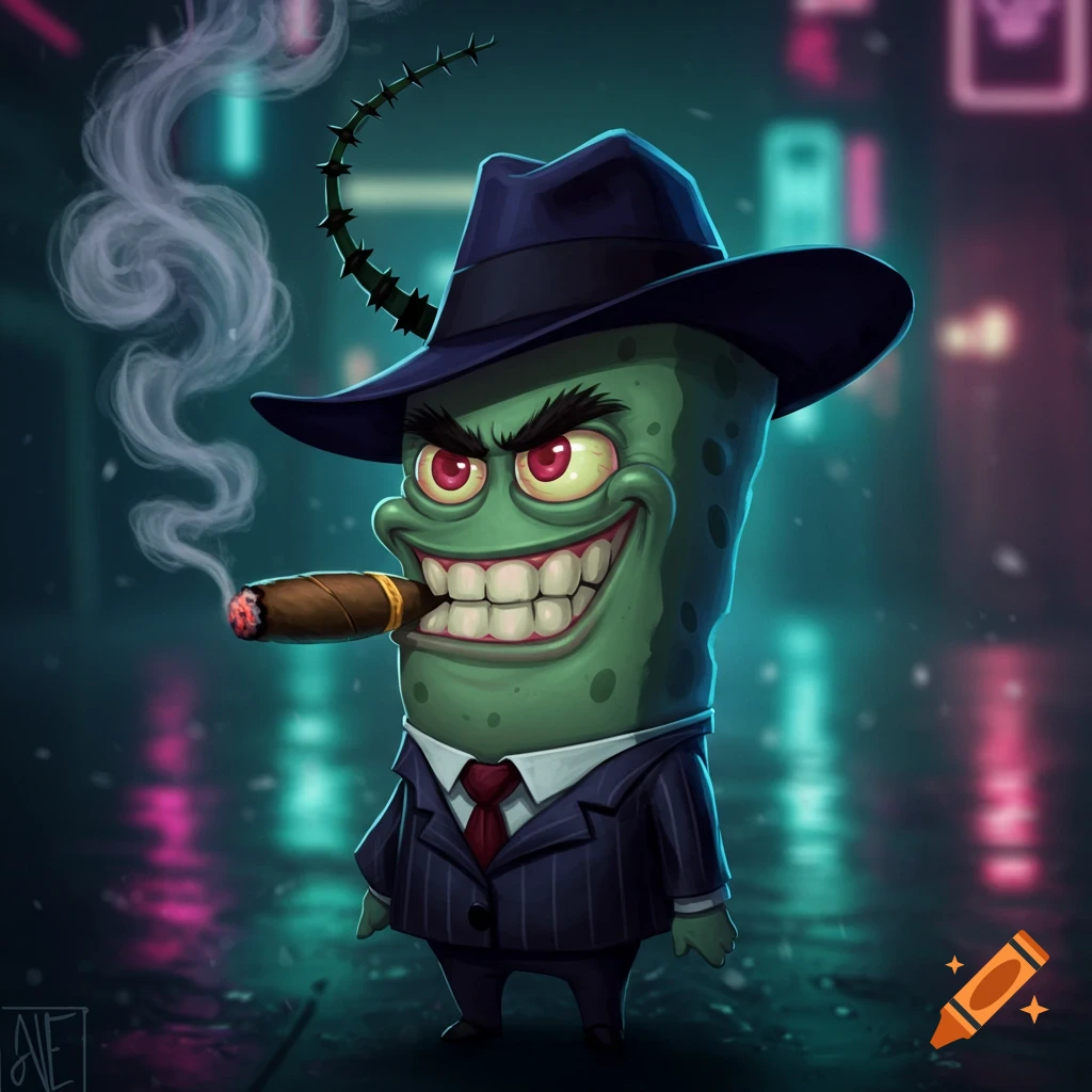 Gangster Plankton is smoking a cigar in a neon street.
